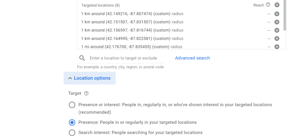Screenshot of Google Ads Showing location targeting options
