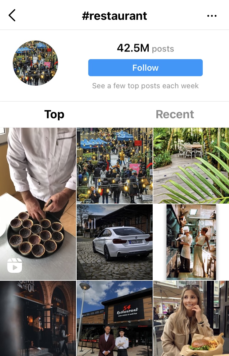 Screenshot of #restaurant along with the top posts.