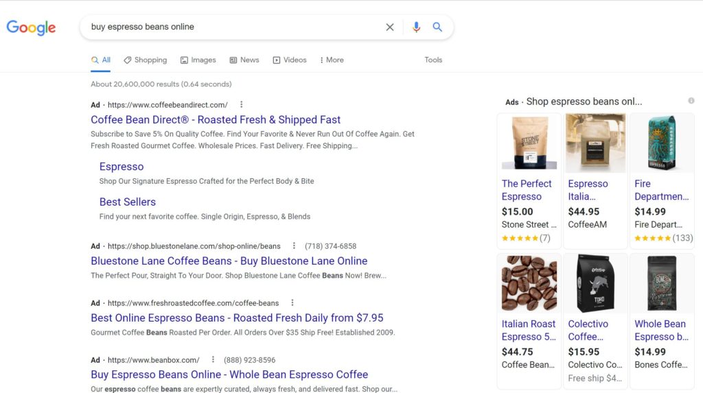 Transactional Search Example of Buyer Intent Keywords for Coffee Online