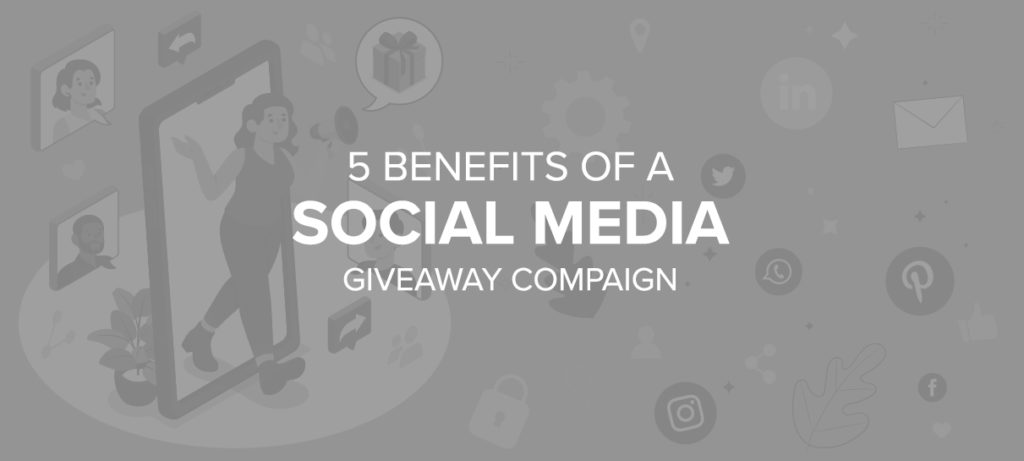 Illustration of a woman marketing a giveaway as the 5 Benefits of a Social Media Giveaway Campaign blog cover