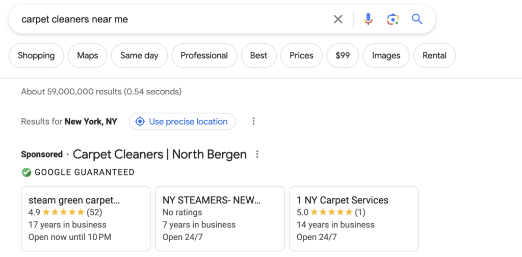 Carpet cleaner google local service ad example