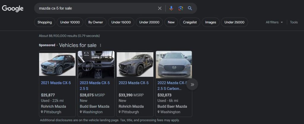 Google Vehicle Listings Ads Example