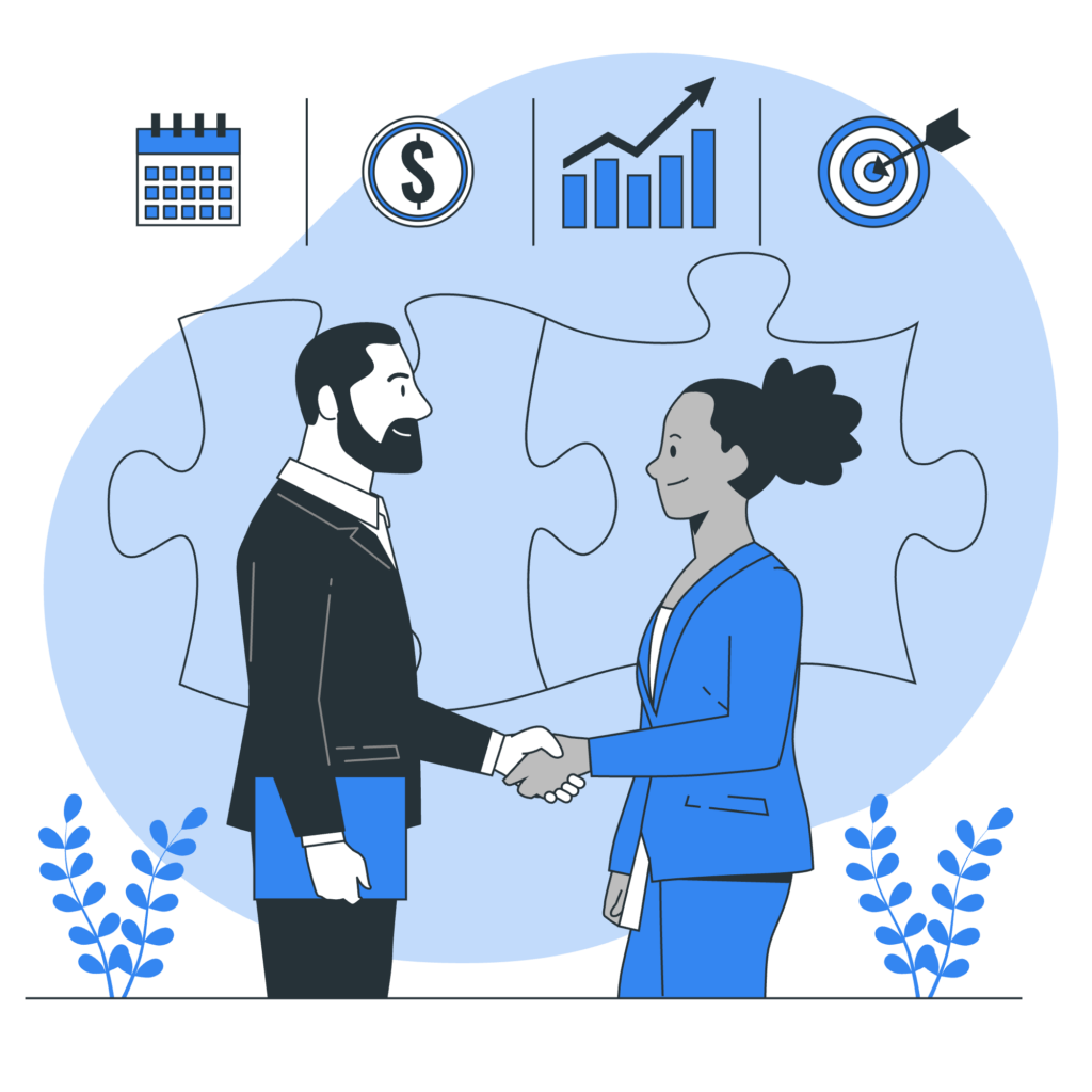 Illustrated graphic of a man and a woman shaking hands in a marketing partnership