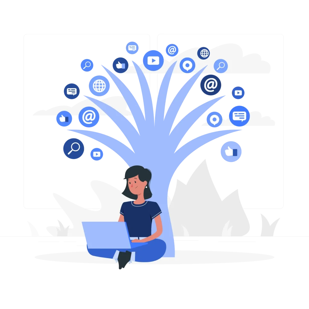 Diversifying Your Social Media Advertising - illustrated graphic of a woman sitting under a social media tree with her laptop open