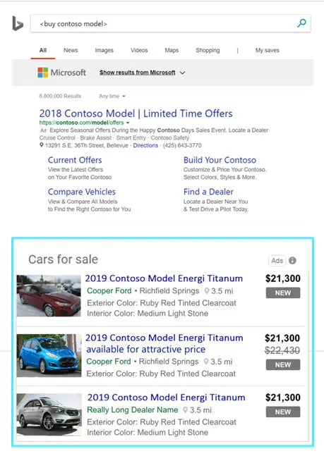 Car search results on bing