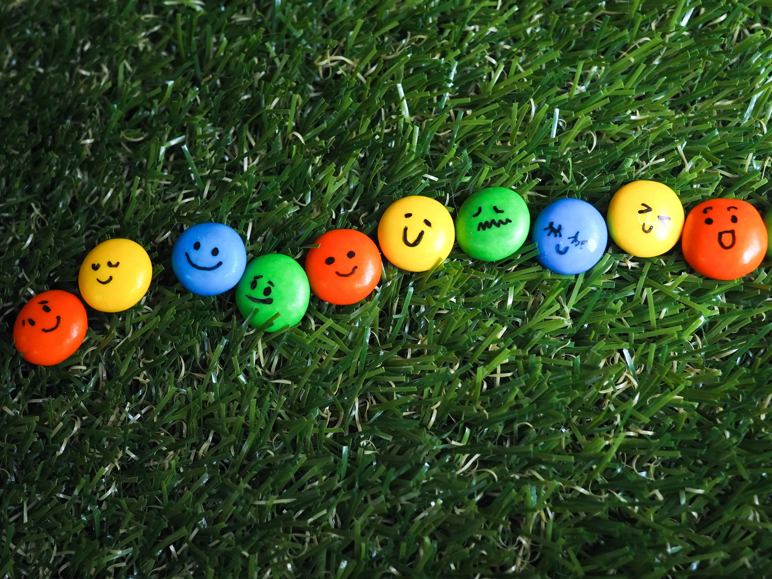 line of colored candies on grass