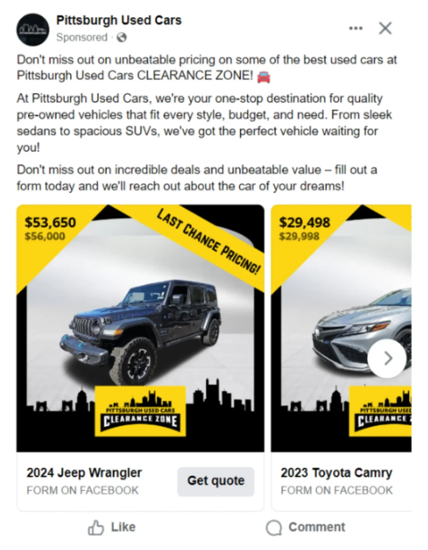 Picture of a Pittsburgh Used Cars ad to represent the benefits of the Facebook Commerce Manager