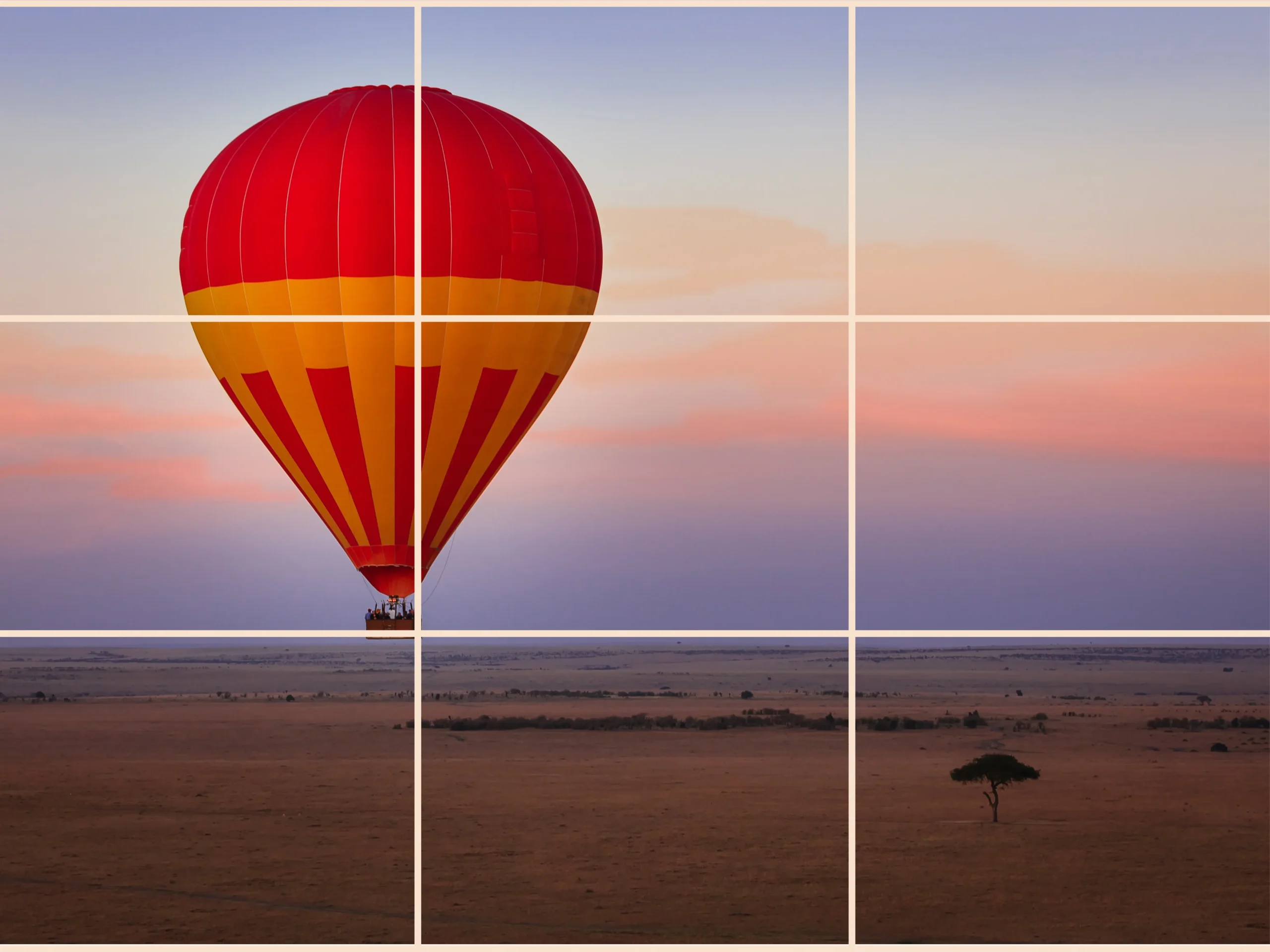 grid on picture of hot air balloon to show "Rule of Thirds" for Photography in Marketing