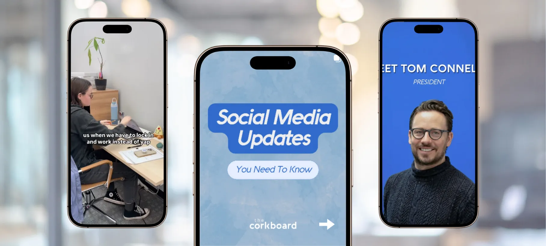 three phones with social media examples from Corkboard Concepts
