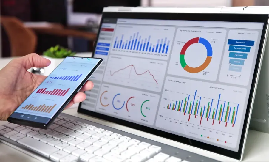 person using google analytics on their phone and laptop
