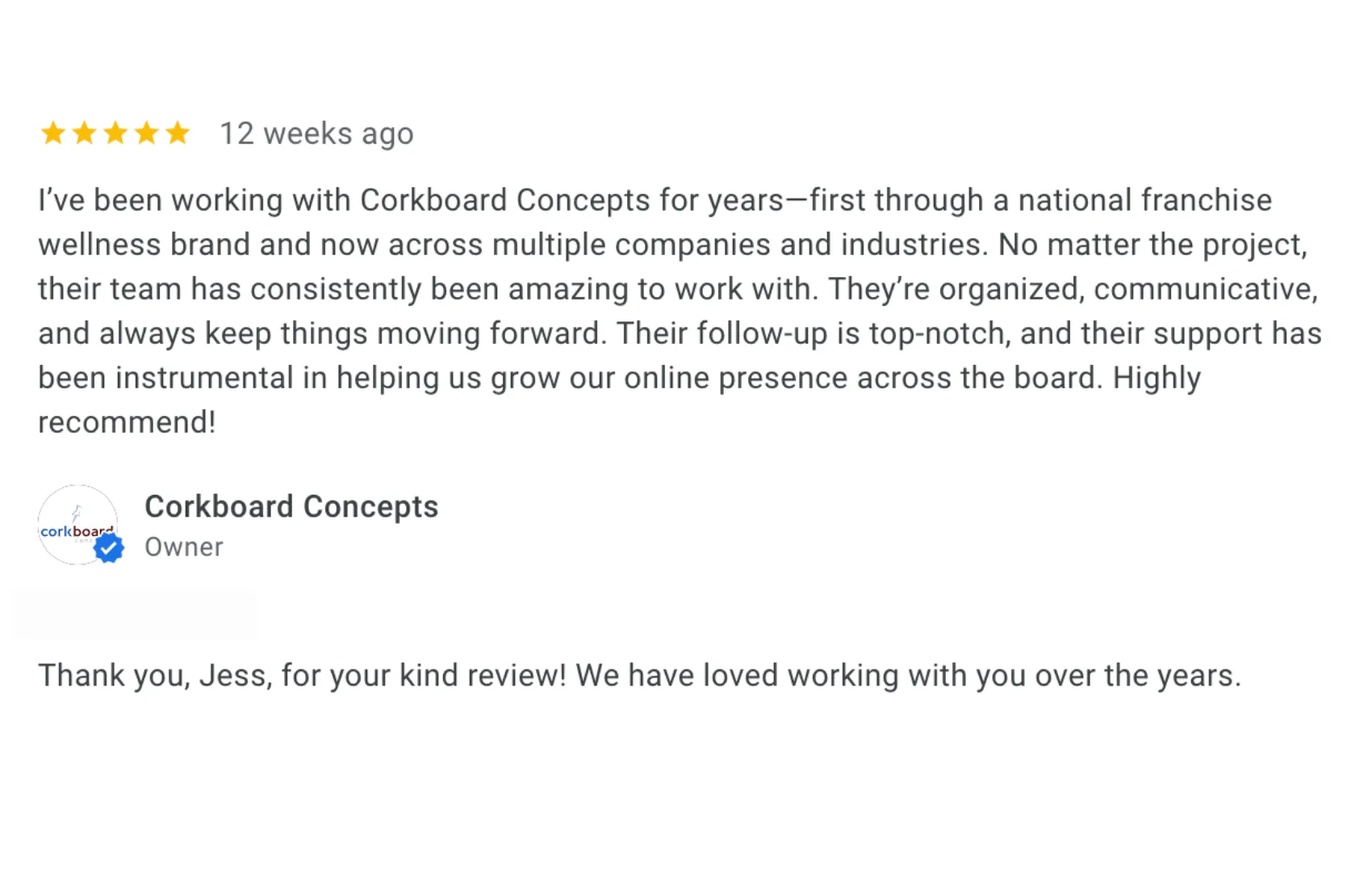 positive Google review for Corkboard Concepts