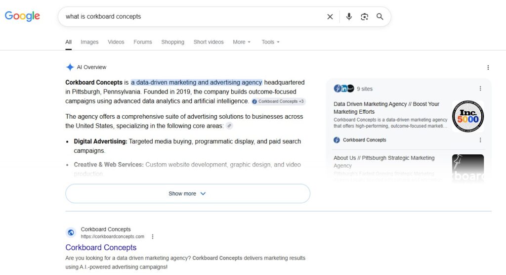 AI Overview from Google for What is Corkboard Concepts