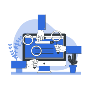 Illustration of hands holding magnifying glasses over a various sections of a website to show off search